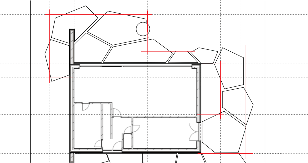 Plan met de indeling van onregelmatige betonvlakken rond de woning