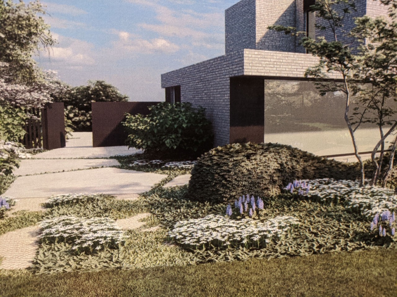 Ontwerpvisualisatie van betonvlakken langs de zijtuin