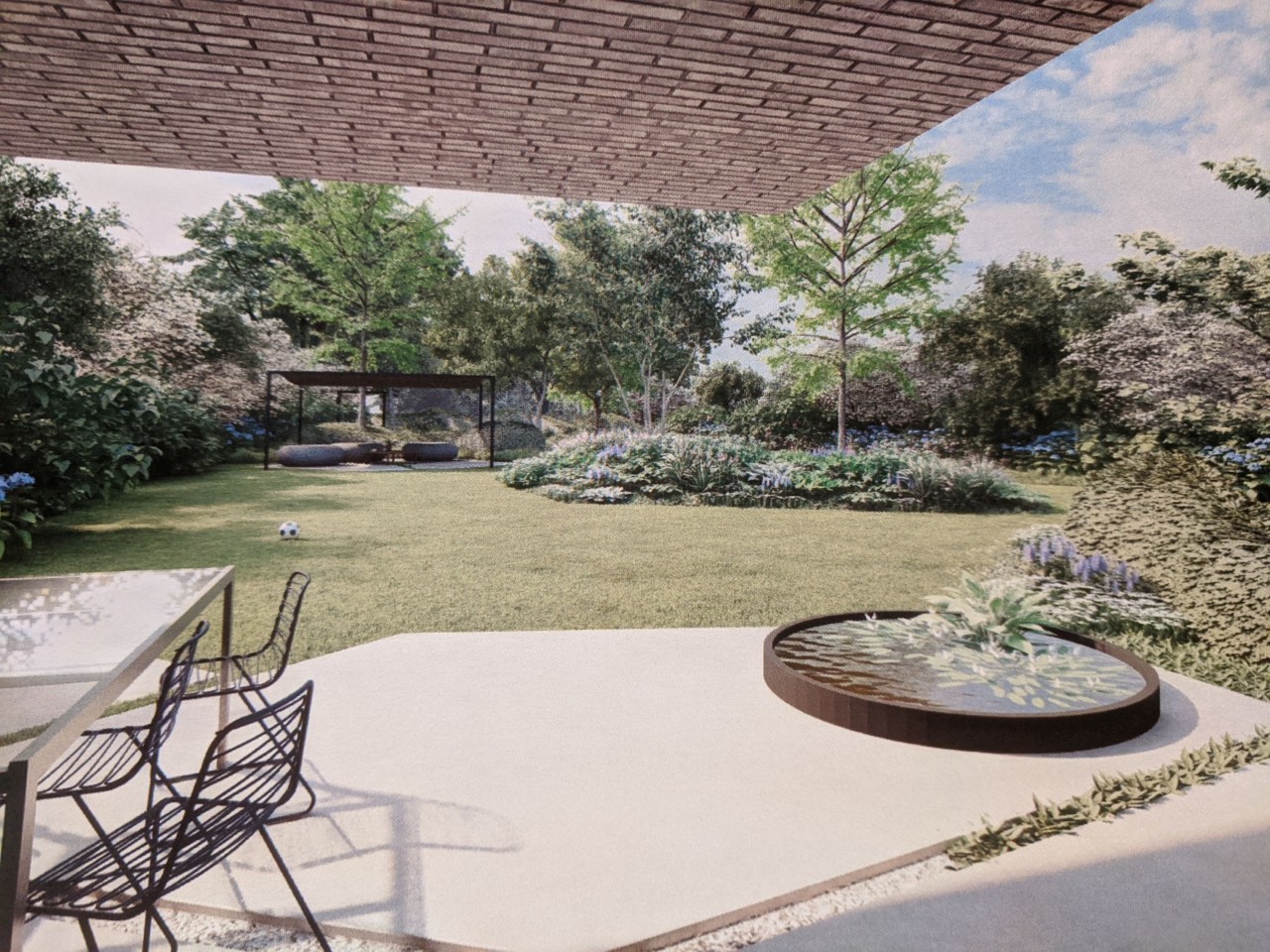 Ontwerpvisualisatie van het terras en de achtertuin