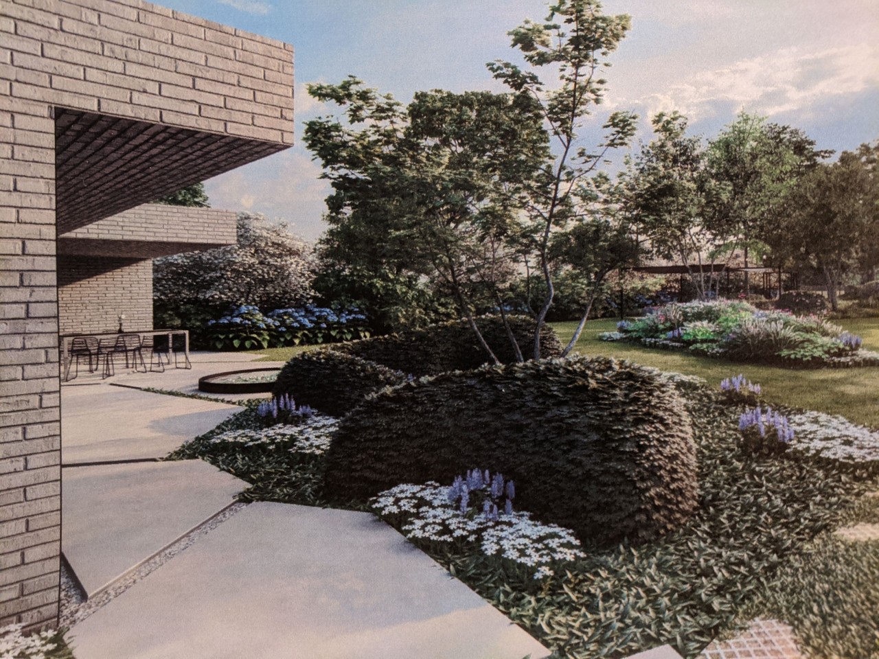 Ontwerpvisualisatie van de aansluiting tussen terras en tuin
